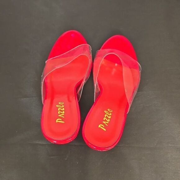 BRAND NEW PAZZLE RHINESTONE HEEL EMBROIDERED CLEAR OPEN-TOE STRAP SANDAL - Picture 5 of 13